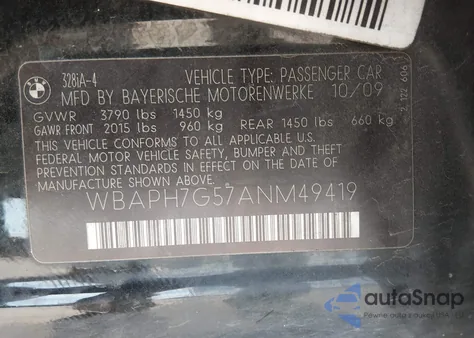 2010 BMW 328I z USA, uszkodzony, nr VIN WBAPH7G57ANM49419